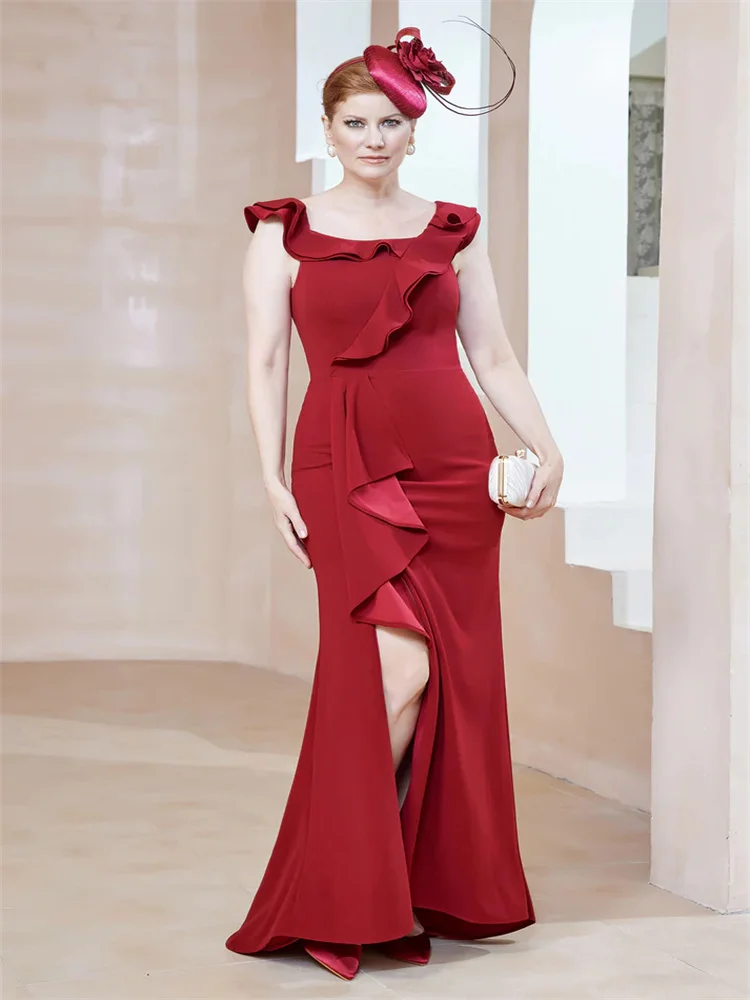 New Product Square Neckline Flutter Sleeves Crepe Sheath Mother Of The Bride Dress Back Zipper Floor Length Gown For Women 2024