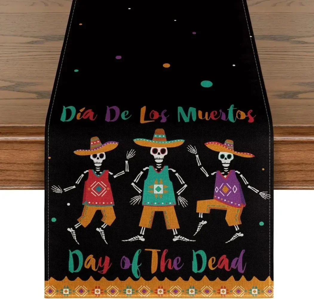 Dia De Los Muertos Sugar Skull Skeletons Table Runner Day of The Dead Kitchen Dining Table Decoration Outdoor Home Party Decor