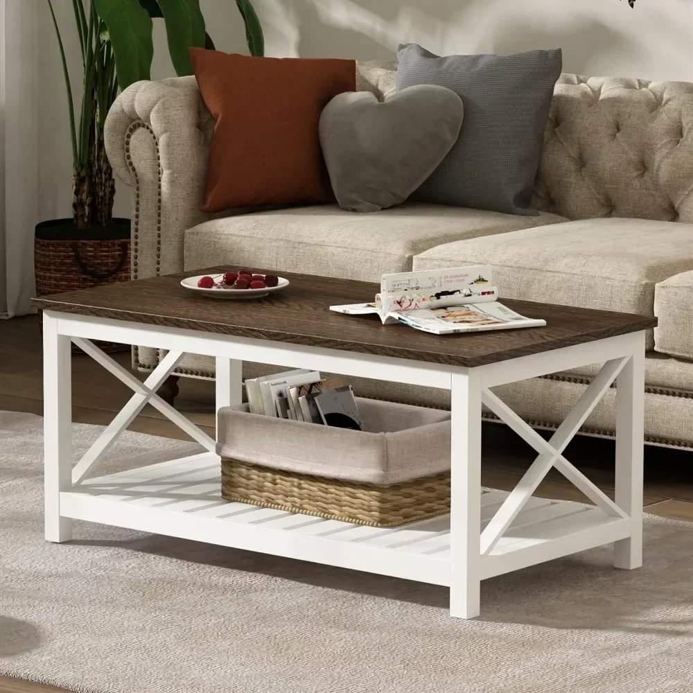 Coffee Table Vintage Finish White Rustic Farmhouse Table With Shelf for Living Room Round Coffee Tables Free Shipping Furniture