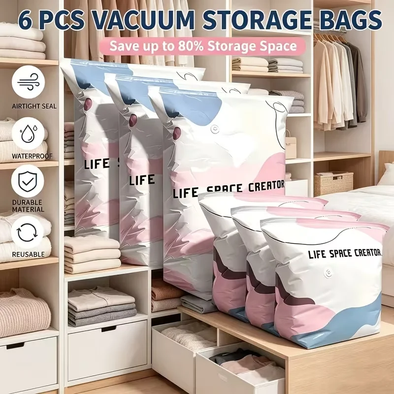 Space Blanket Heavy - 6er-Pack strapazierfähige, pumpenlose Vakuum-Aufbewahrungsbeutel, druckversiegelbare, platzsparende