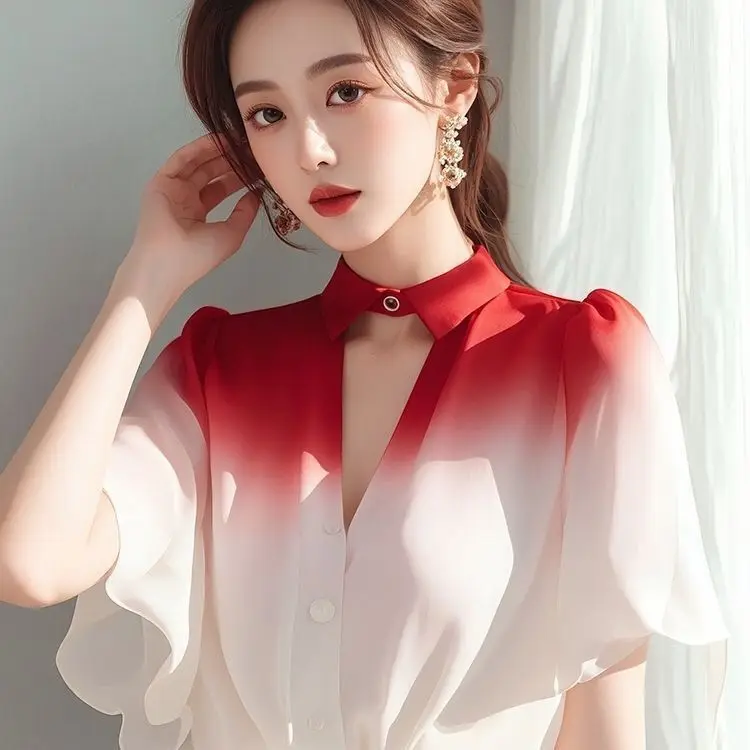 

Gradient Shirt for Women with Mature French Lotus Leaf Sleeve Fairy Chiffon Top
