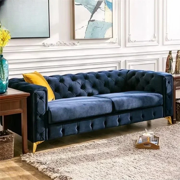 Italian style blue, velvet classic sofa, villa luxury hotel living room furniture