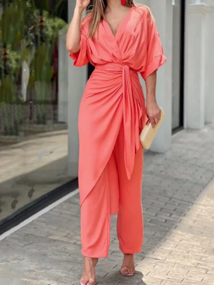 

2024 Spring New Lace-up V-neck Temperament Long-sleeve Fashion Casual Suit