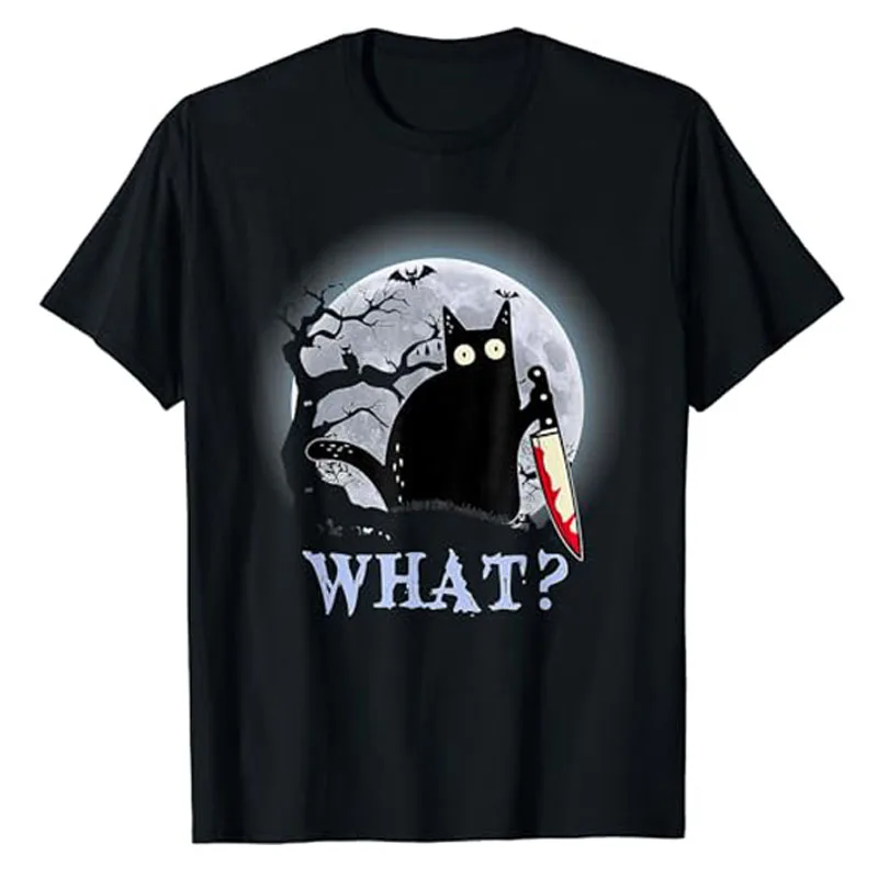 

Cat What Murderous Black Cat with Knife Halloween Costume T-Shirt Horror Style Graphic Tee Cute Kitty Lover Outfits Novelty Gift