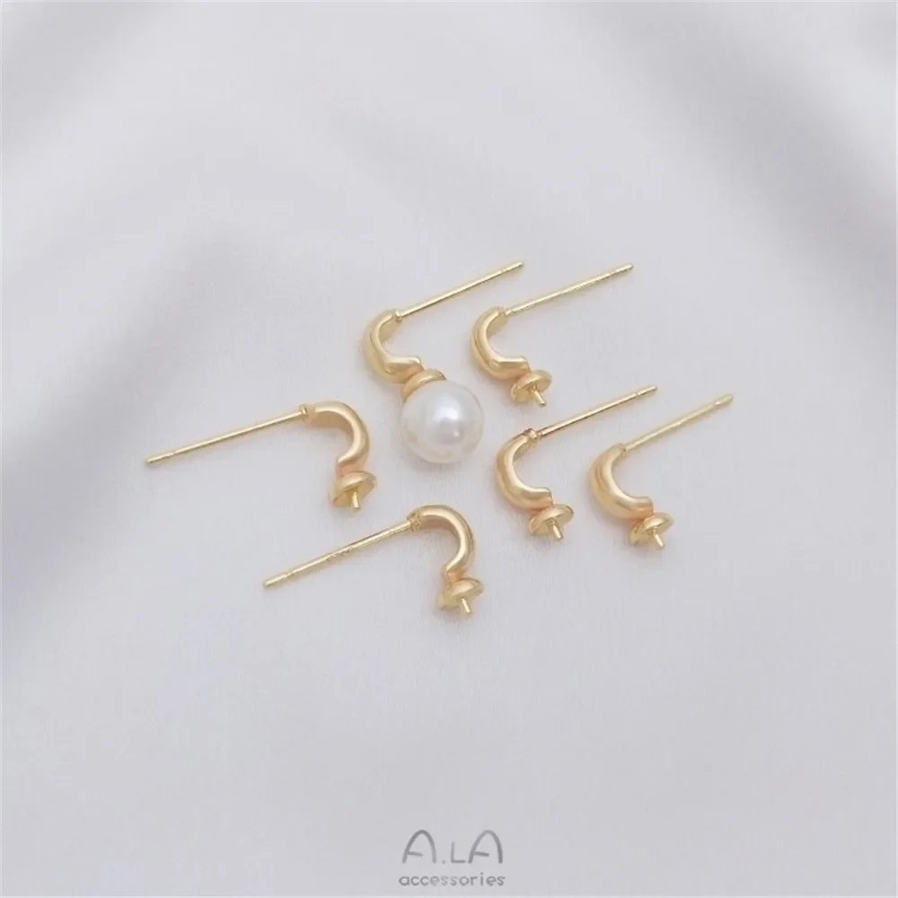 

14K Gold-Color Small C-shaped Half-hole Bead Holder Earrings 925 Silver Needle DIY Viscose Crystal Pearl Empty Holder Earrings