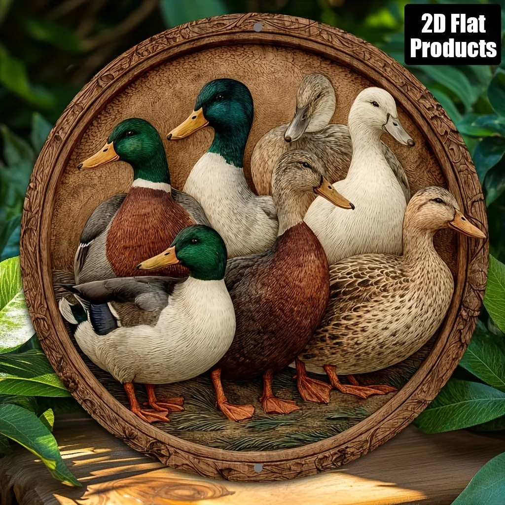 2D Duck Metal Tin Sign 8x8 Inch Retro Aluminum Poster Round Wall Art for Home Bar Cafe Decor