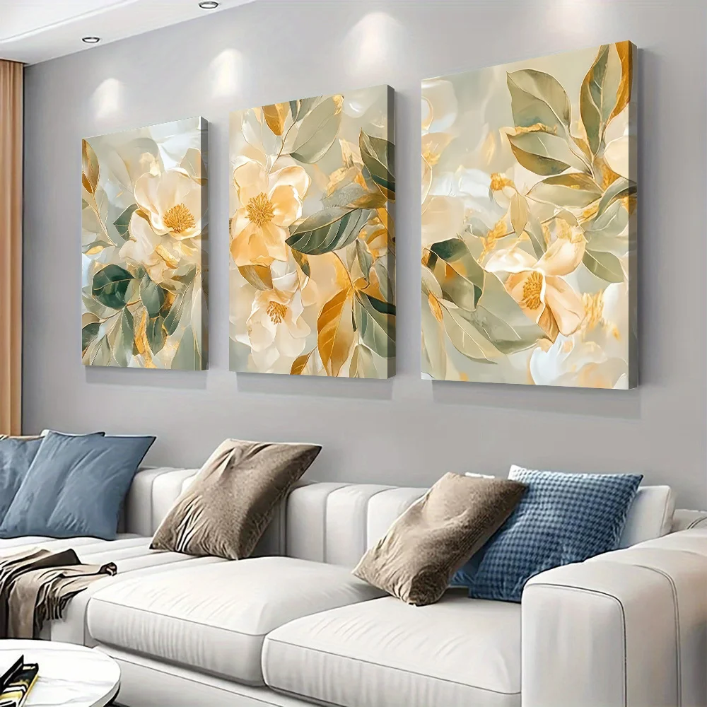 2D Flat,3pcs frameles,3-piece modern minimalist gold magnolia frameless canvas decoration painting living room foyer bedroom wal