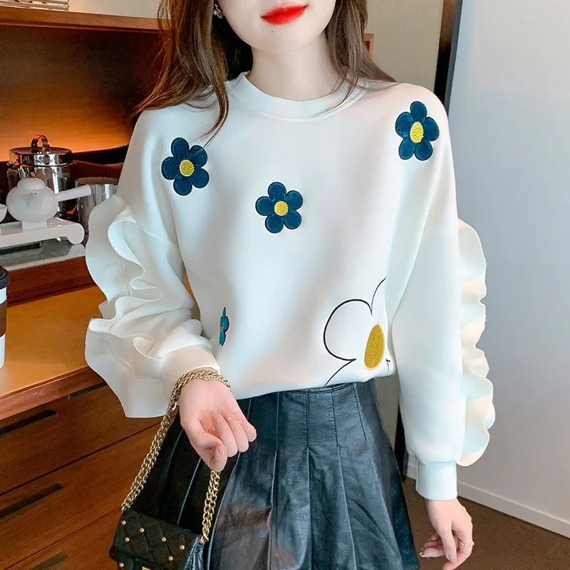 

2024 Autumn New Wooden Ear Edgee Pullover Women's Fashion O-neck Sweatshirts SA653