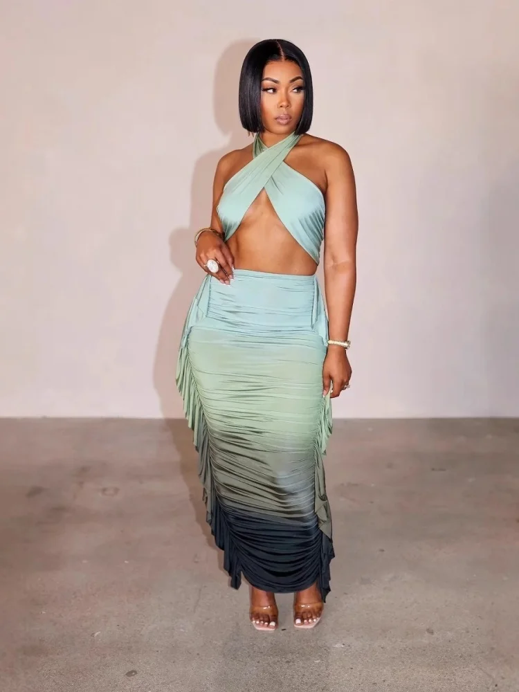 

Wmstar Set Women Whoiesale Fashion Gradient Print Crop Top Pleated Two Piece Set Summer Outfit Fancy Club Vacation Designer 2025