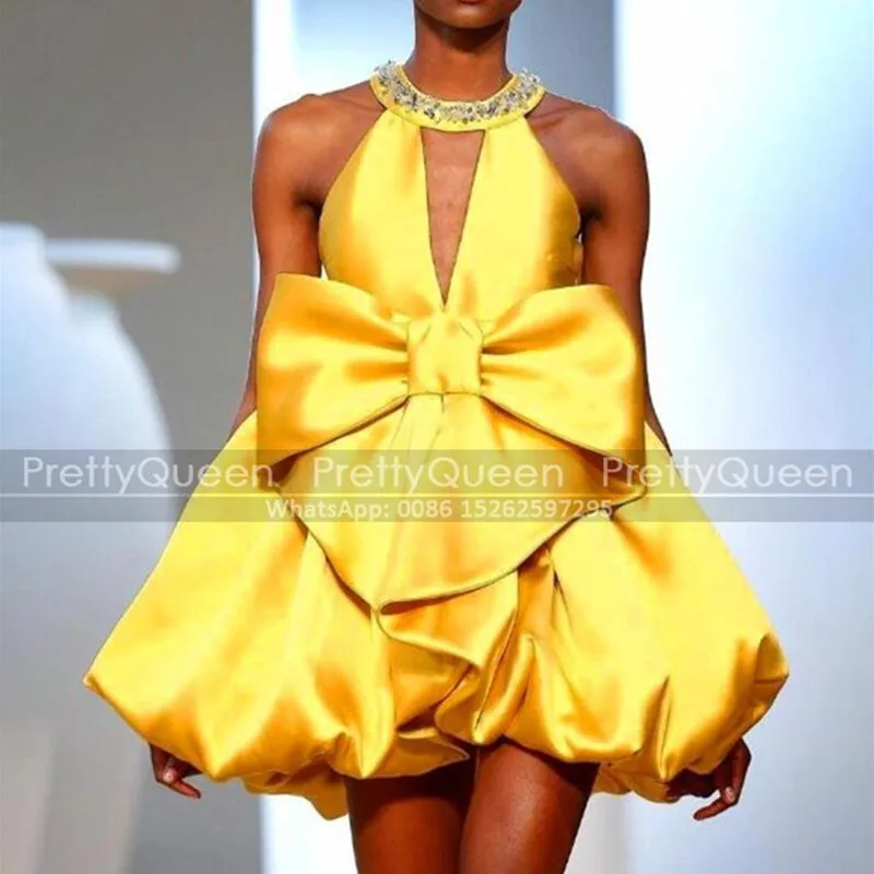 

A Line Short Prom Dresses With Beaded Halter Keyhole Neck Bow Customized Sleeveless Mini Birthday Party Dress