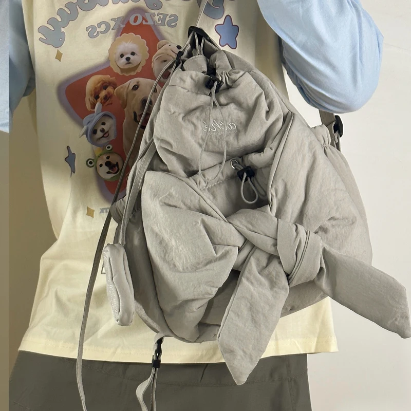 Women Shoulder Bag Large Capacity Bow Drawstring Backpack Simple Shoulder Bag Solid Color Drawstring Backpack Shopping Bag