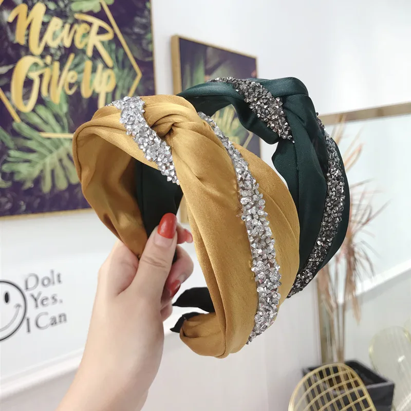 

Knotted Crystal Chain Cross Headband for Women 2024 New Korea Jewelry Gemstone Luxury Silk Hair Accessories Hairbands Head Wear