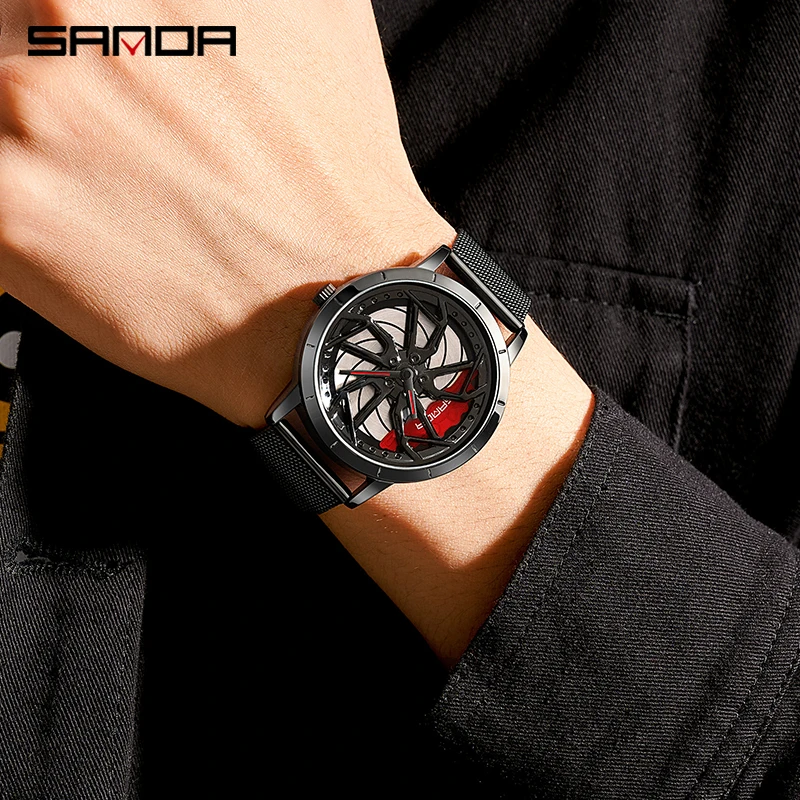 SANDA P1086 2023 Men\'s Wheel Rim Hub Watch Sport Car Men Quartz Watches Waterproof Creative Mesh Luminous Clock relogio masculio