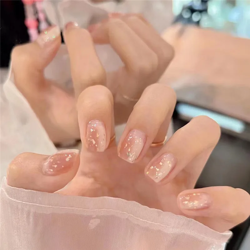 Short Women Nail Enhancement Gentle Nude Pink Double Combination Gradient Shining Pink Simple Wear Nail Enhancement Patch