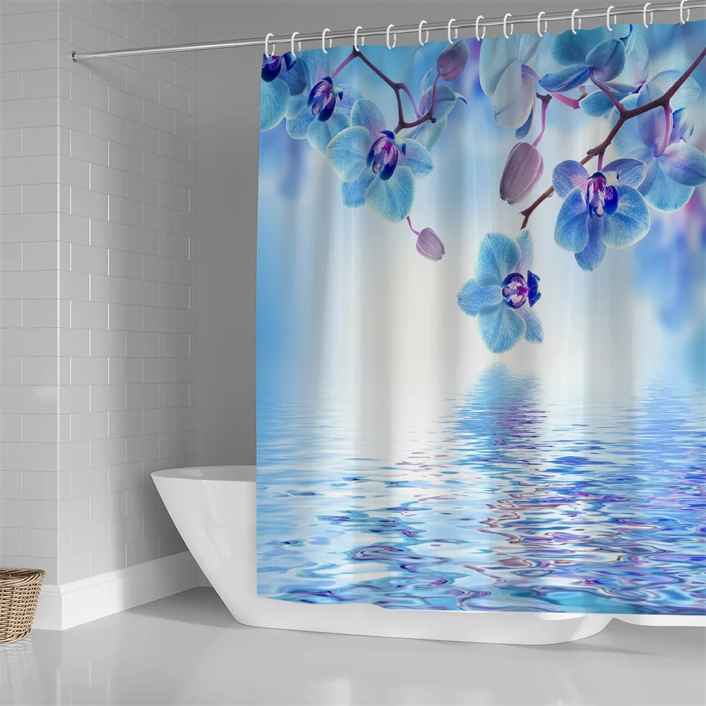 1PC, water blue flower, modern home bathroom waterproof shower curtain, 12 plastic hooks, 71in*71in