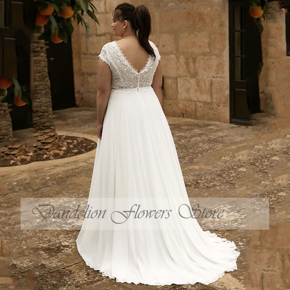 Customized Lace Wedding Dresses Plus Size V Neck Short Sleeves Backless Bride Gowns Sweep Train A-Line Chiffon Vestido De Noiva