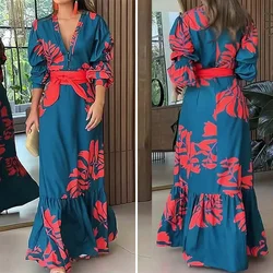 Sexy Elegant Long Dress Robes For Women V Neck Long Sleeve Loose Flower Laceup Fashion Travel Casual Plus Female Clothing
