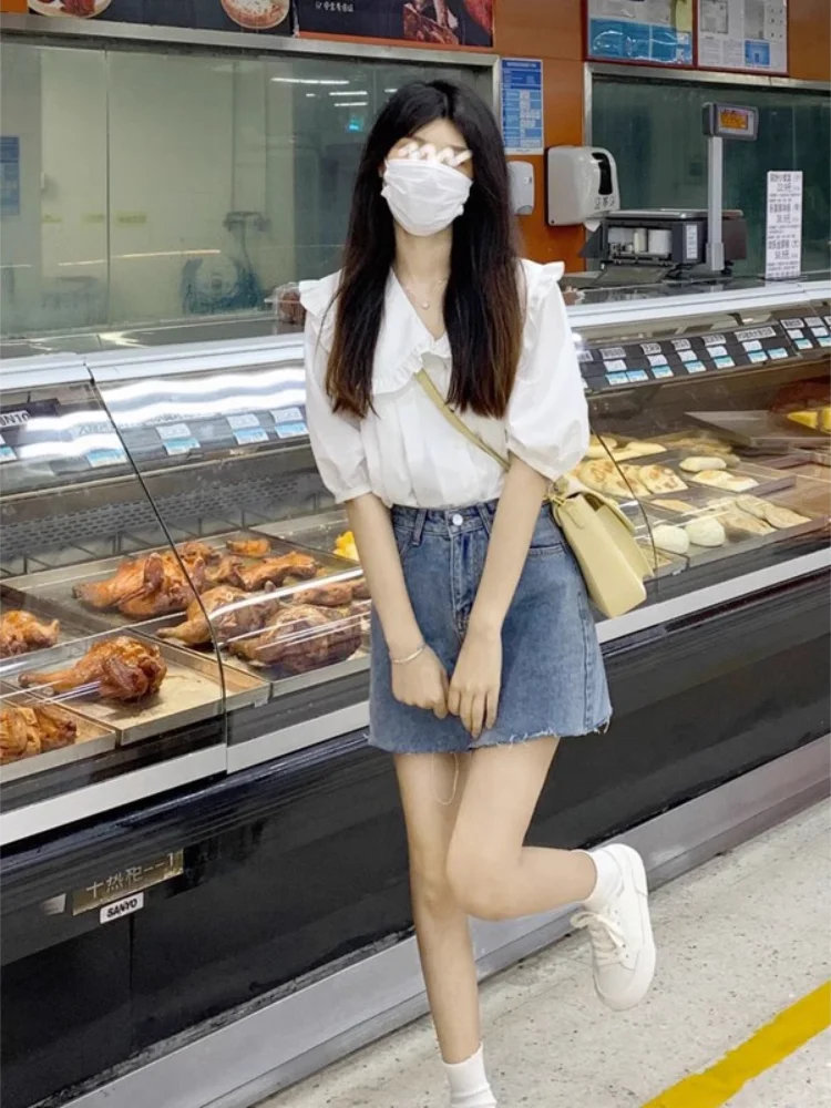 Blanc ort Sve col de poupée irt avec bois ain pour les femmes été Faionable coréen Sle coupe ample bouton détail