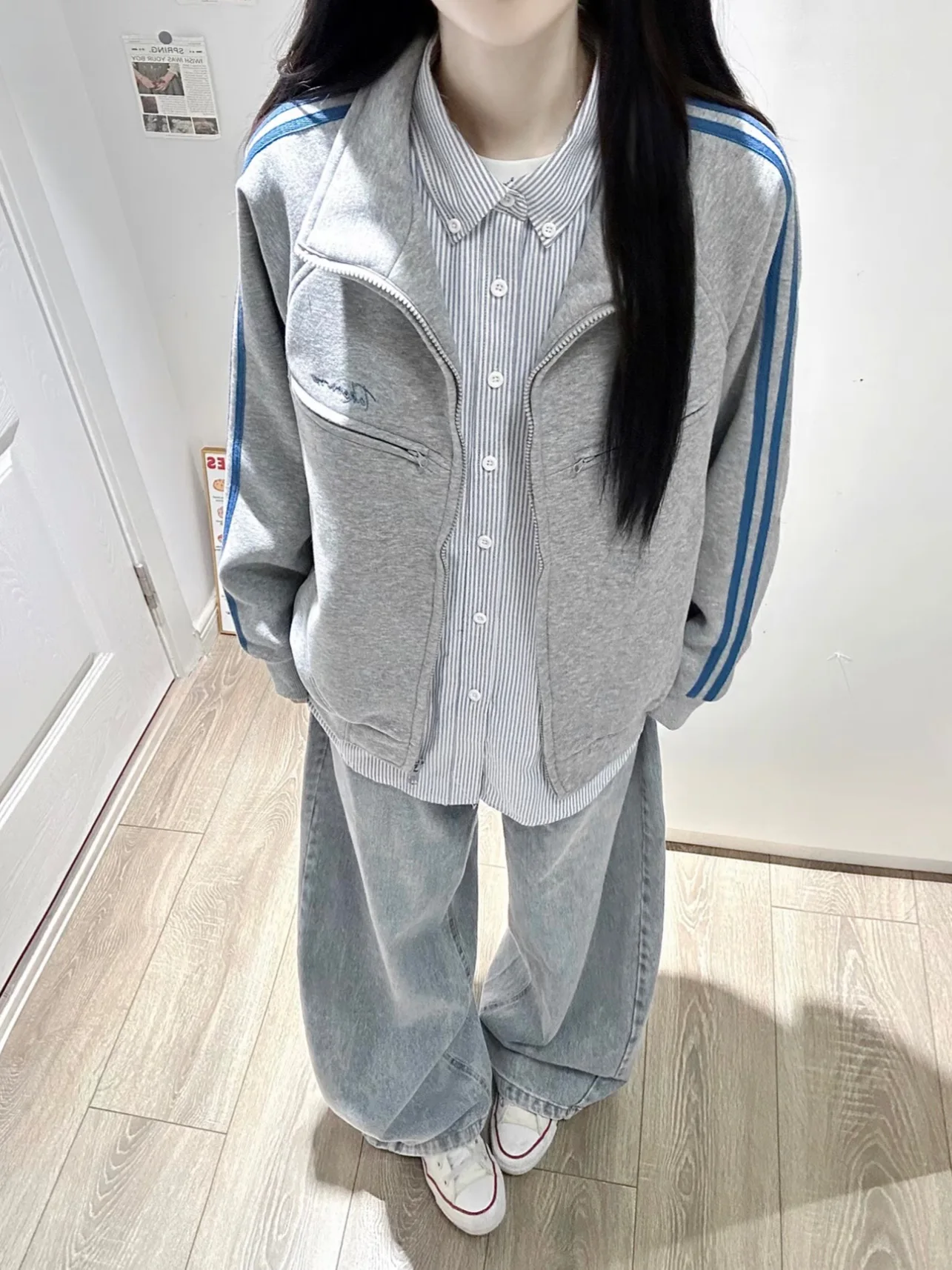 American Retro Sport Style Stand Collar Jacket Women's Spring Autumn Loose Casual Striped Double Bar Zipper Open Cardigan Swe...