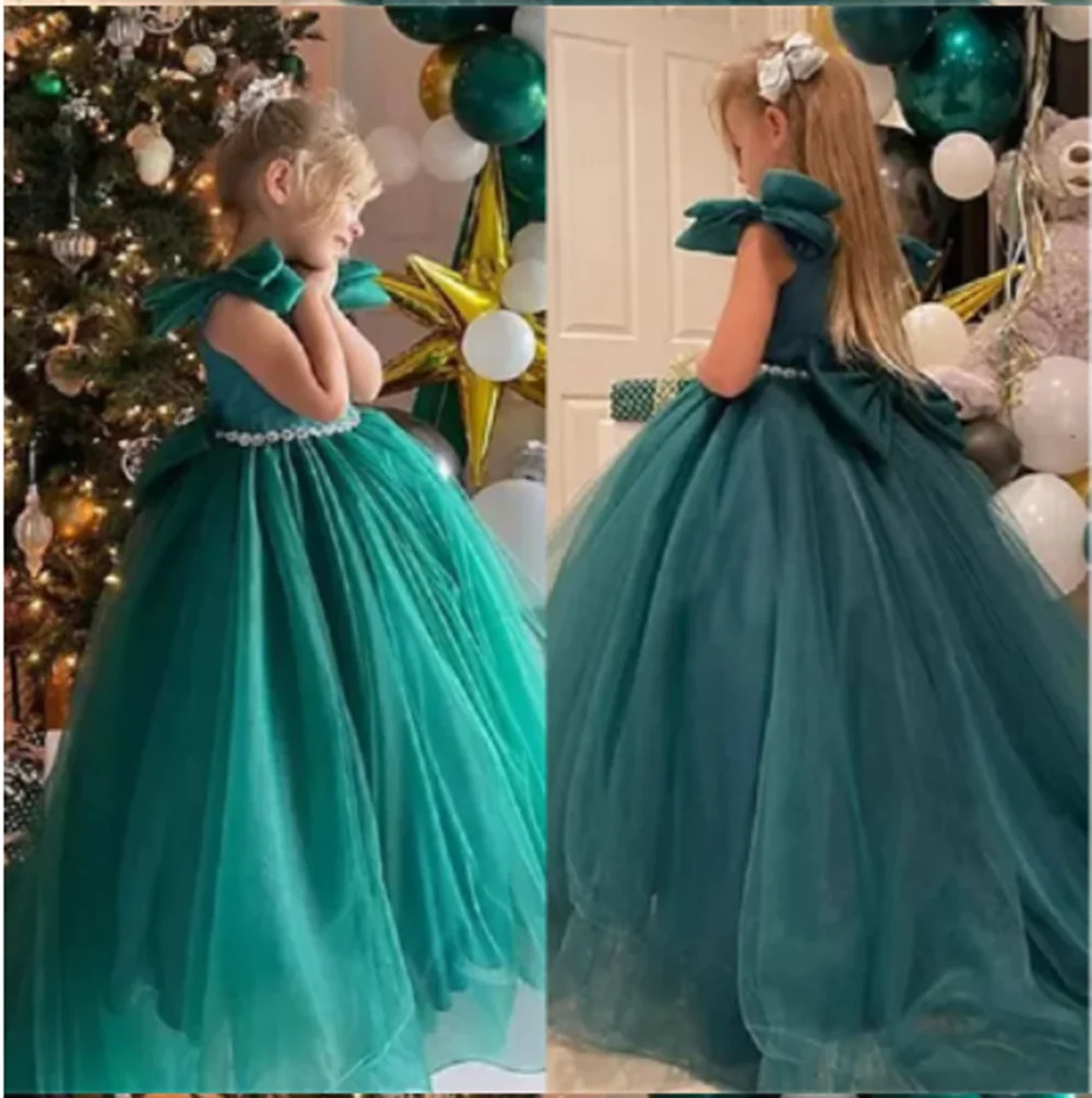 

Green Fluffy Bow Flower Girl Dress Kids Princess Lace Backless Floor Length Wedding Fold Ruffles Tulle Ball Gown Prom Dresses