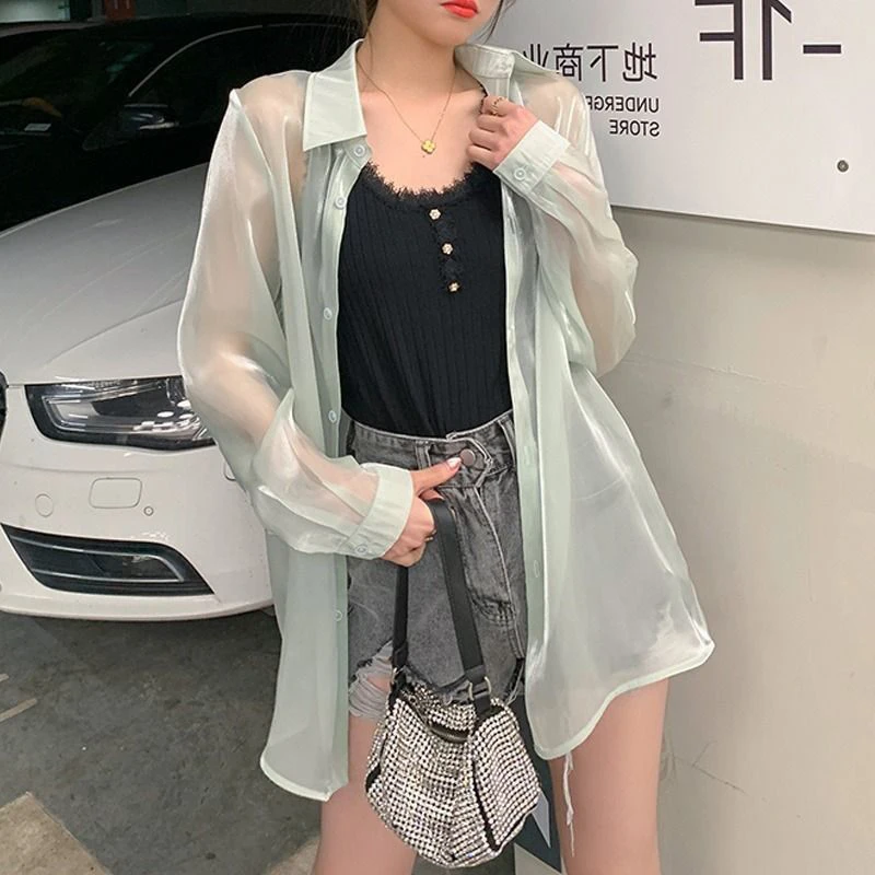 Korean Silk Sun Protection Clothing Women\'s Long Sleeve Loose Chiffon Shirt2024 Summer New Holiday Beach Shirts See Through Tops