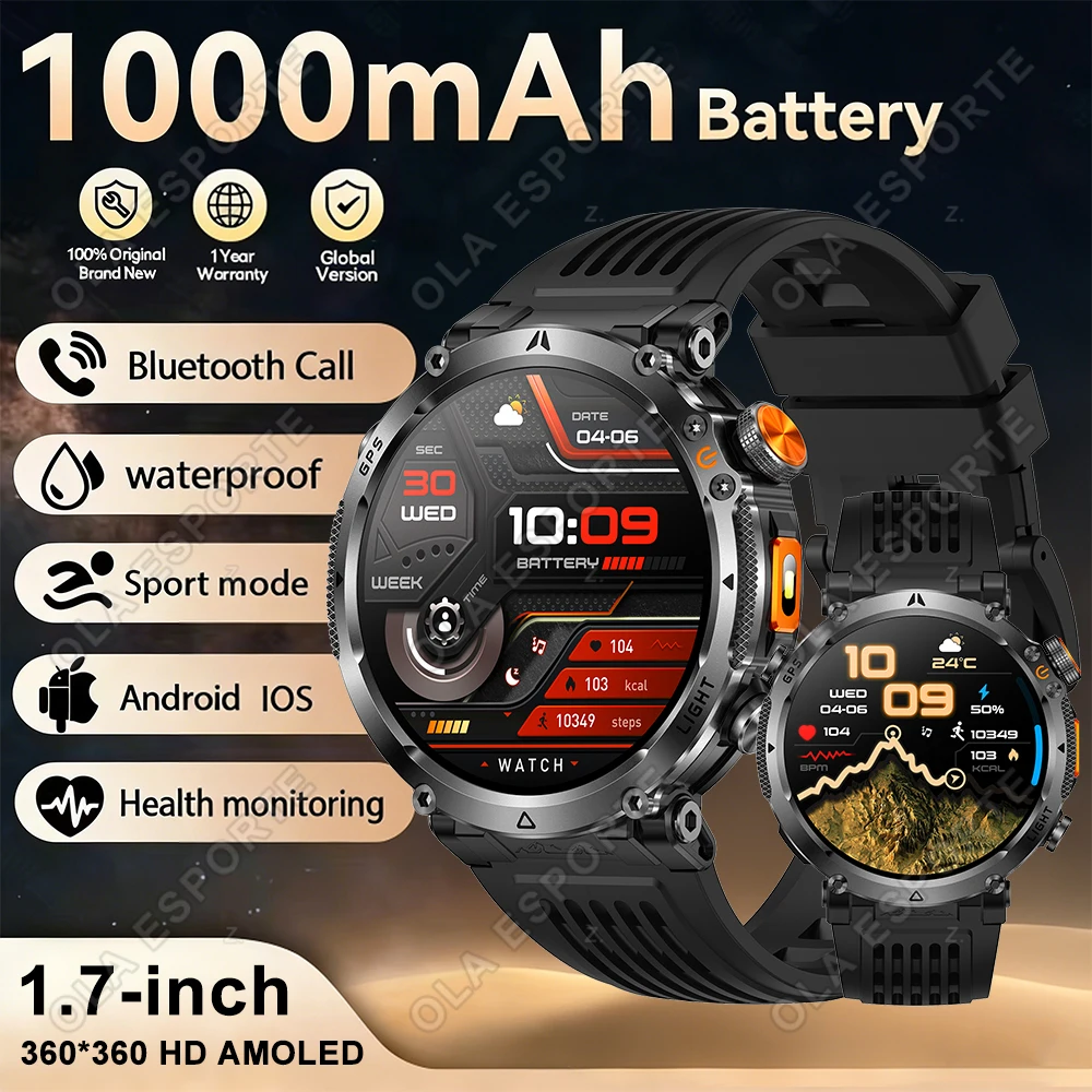 

New Men Military Outdoor 1000mAh Battery Smart Watch Sports Tracking Watches 3ATM Waterproof 1.7" HD Bluetooth Call Smartwatch