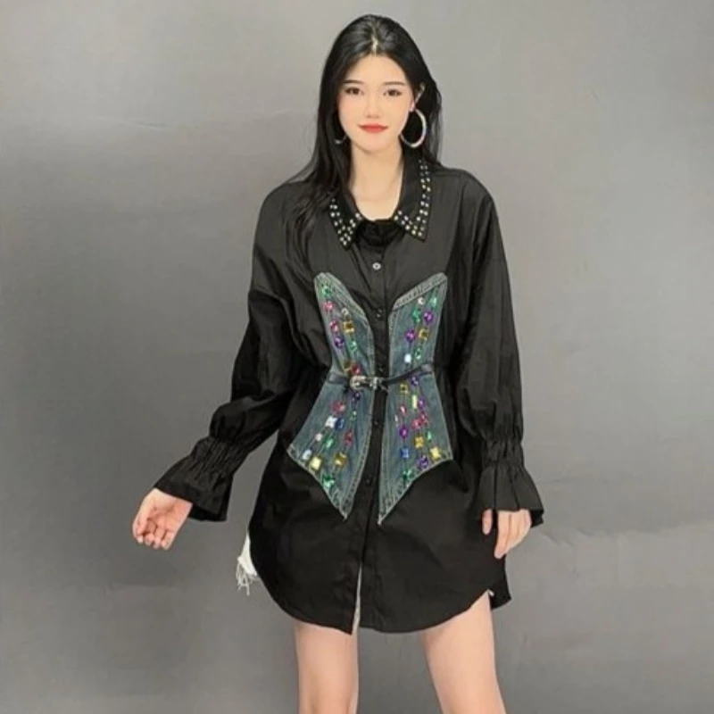 

Summer Women Butterfly Rainbow Diamonds Beaded Denim Spliced Shirt Patchwork Rhinestones Jeans Blouses Cardigan Long Sleeve Tops