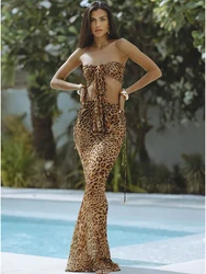 JULISSA MO Print Leopard Two Piece Sets Women Skirt Suit Strapless Tops Long Skirts Female Summer Skinny Elegant Party Beachwear