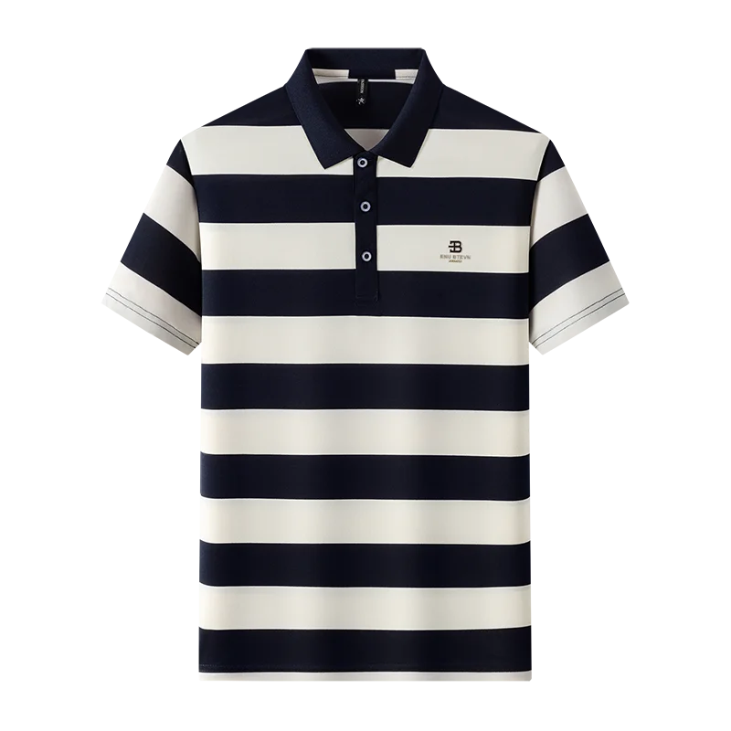 Men's Golf Polo Shirt with Collar, Short Sleeves and Wide Stripes – Breathable Summer Casual Business T-shirt