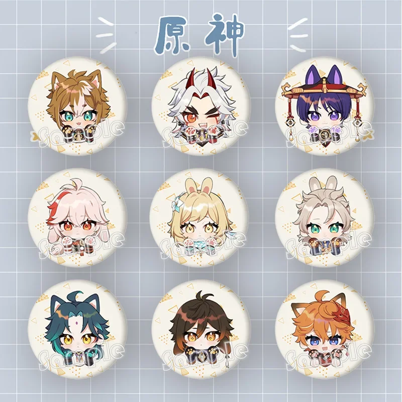 Jogo Impacto Tinplate Broches para Roupas, Cat Pins, Emblema Anime, Albedo, Xiao Zhongli, Acessórios Cosplay, Presente, 58mm