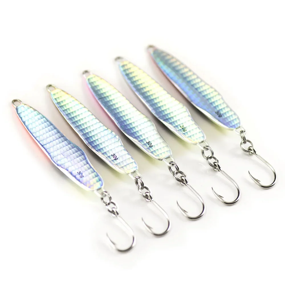 COUNTBASS 5PCS 30g 1.06oz Luminous Squid Jigging Lures rigged VMC hook, Metal Fishing Lure Bass Game Snapper Jigs