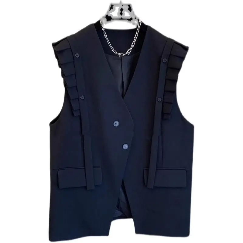 Chaleco nuevo para mujer, abrigo sin mangas con cuello en V, Tops de gran tamaño, chaleco informal con volantes de retales, camisetas sin mangas
