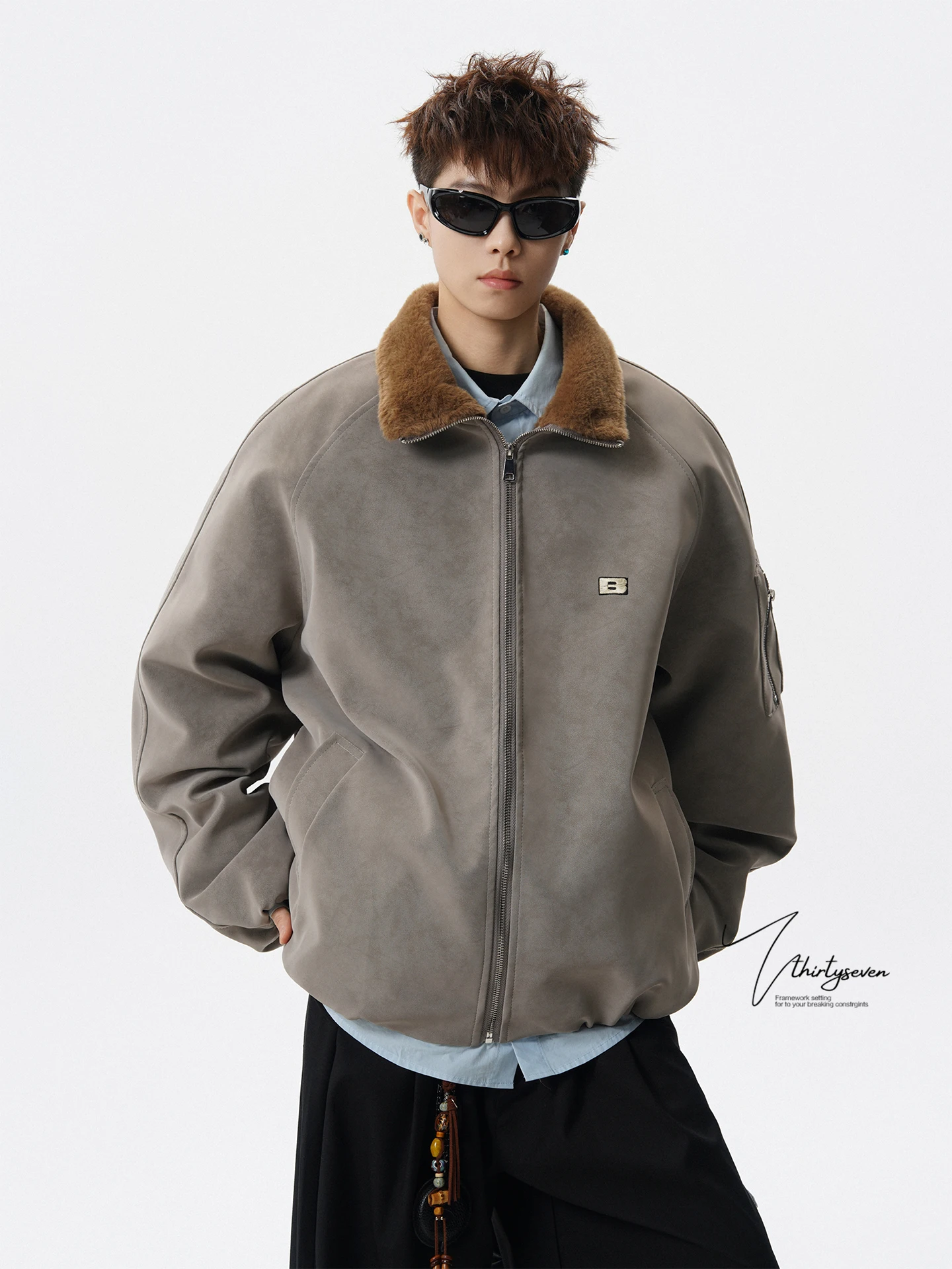 

V37 Men's Winter Thiened PU Leather Cotton Jaet Rabbit Fur Collar Tie Dye Biker Coat Warm Loose Fit Youth Faion