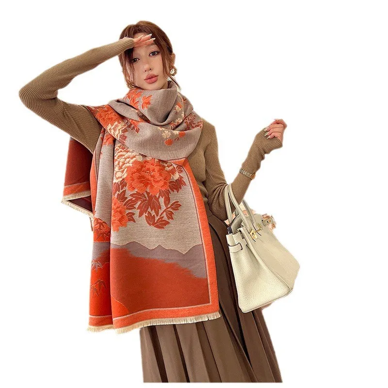 Fashion Winter New Warm Cashmere Shawl Scarf For Women Floral Printing Pashmina Thick Scarves Wrap Femal Poncho Echarpe Bandana