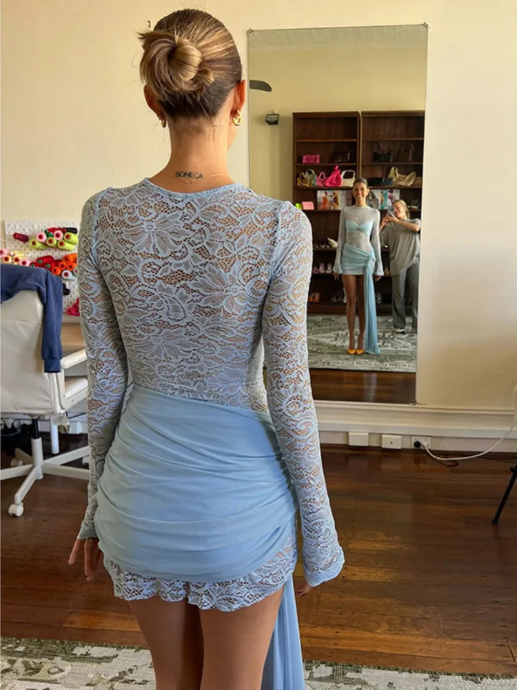 Articat Abito slim a maniche lunghe patchwork in pizzo con scollo tondo sexy Abito da donna elegante con cravatta attillata Abito da sera da club per feste autunnali