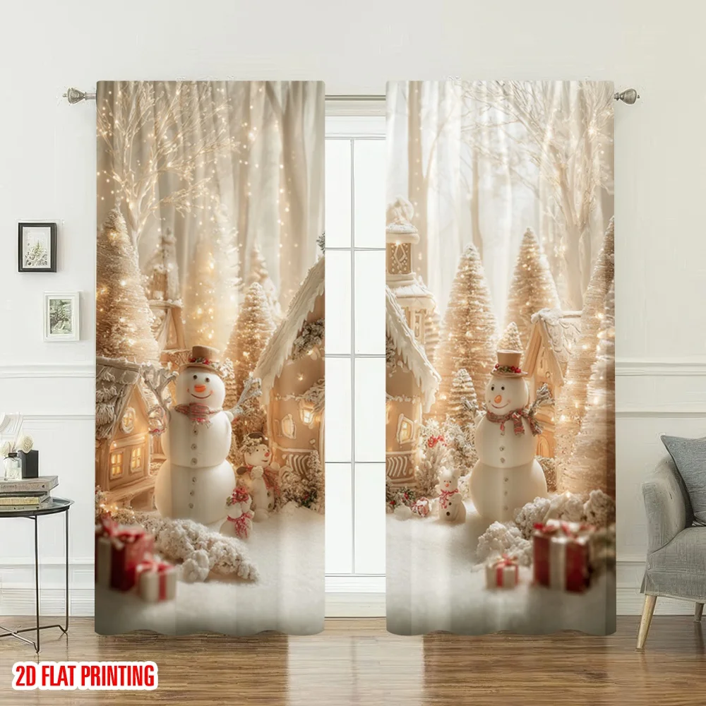 2 قطعة 2D الطباعة المسطحة عيد الميلاد سعيد موضة الستائر دافئ ثلج عيد الميلاد قرية الرقمية المطبوعة البوليستر الستائر احتفالية #6