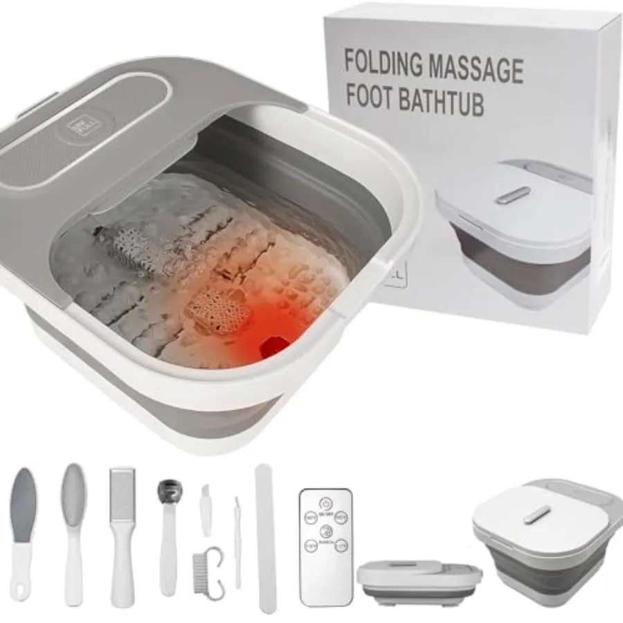 Banho dobrável para spa de pés com calor e rolos de massagem Kit de pedicure para pés com bolhas com controle de temperatura e luz vermelha