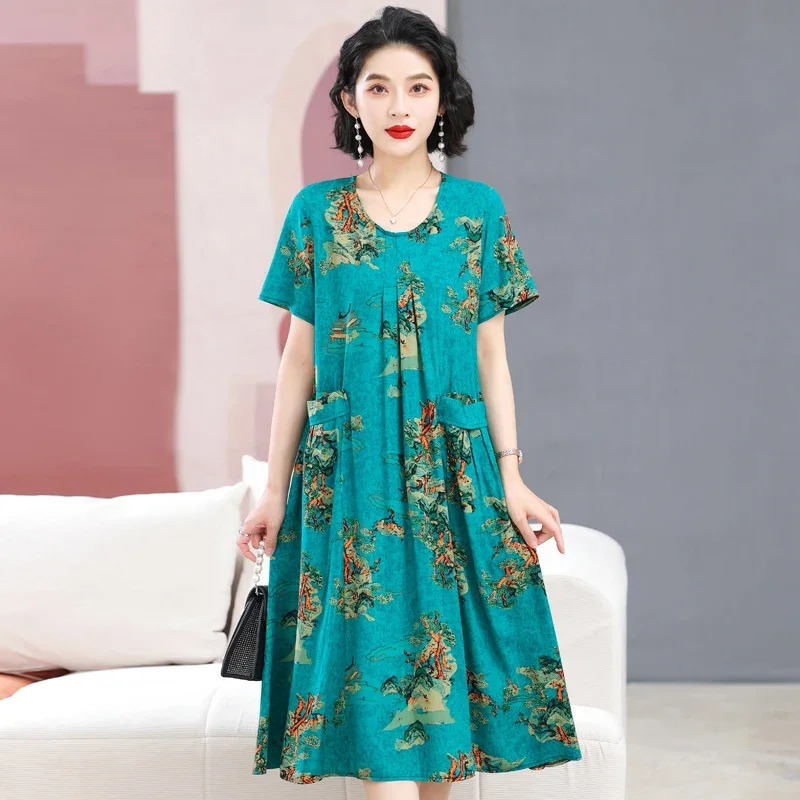 

Middle-aged Women's Oversize Dress Summer Vintage Print Short Sleeve Casual Women Clothes Loose Summer Elegant Long Dresses