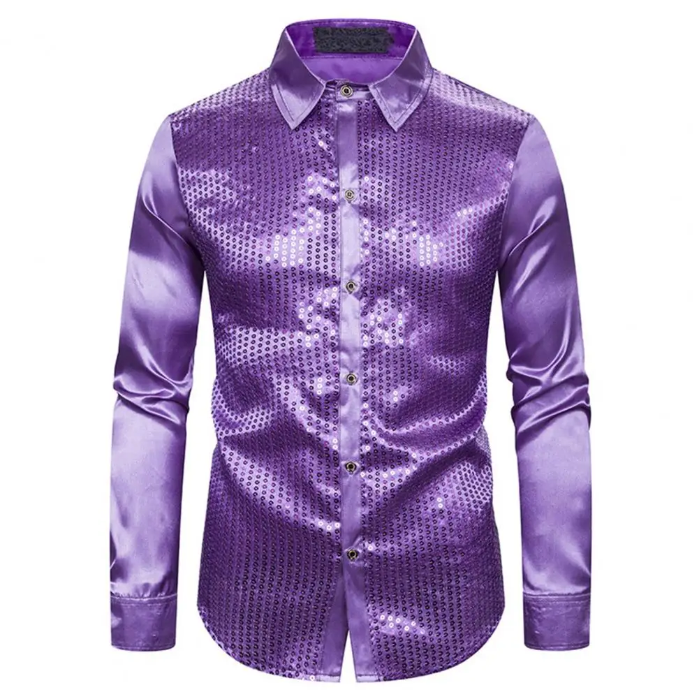 Men Shirt Club Dance Shirt Shiny Sequin Lapel Single-breasted  Colorful Stripe Glossy Long Sleeve Performance Men Top