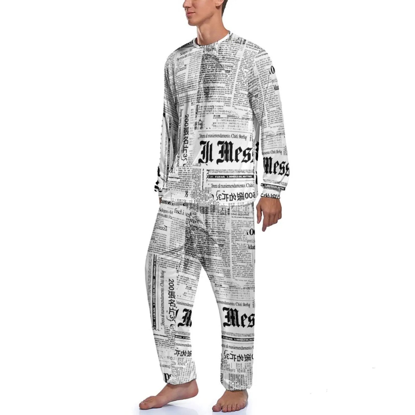 Grunge Newspaper Pajamas Black And White Man Long Sleeve Cute Pajama Sets 2 Piece Sleep Autumn Graphic Sleepwear Birthday Gift