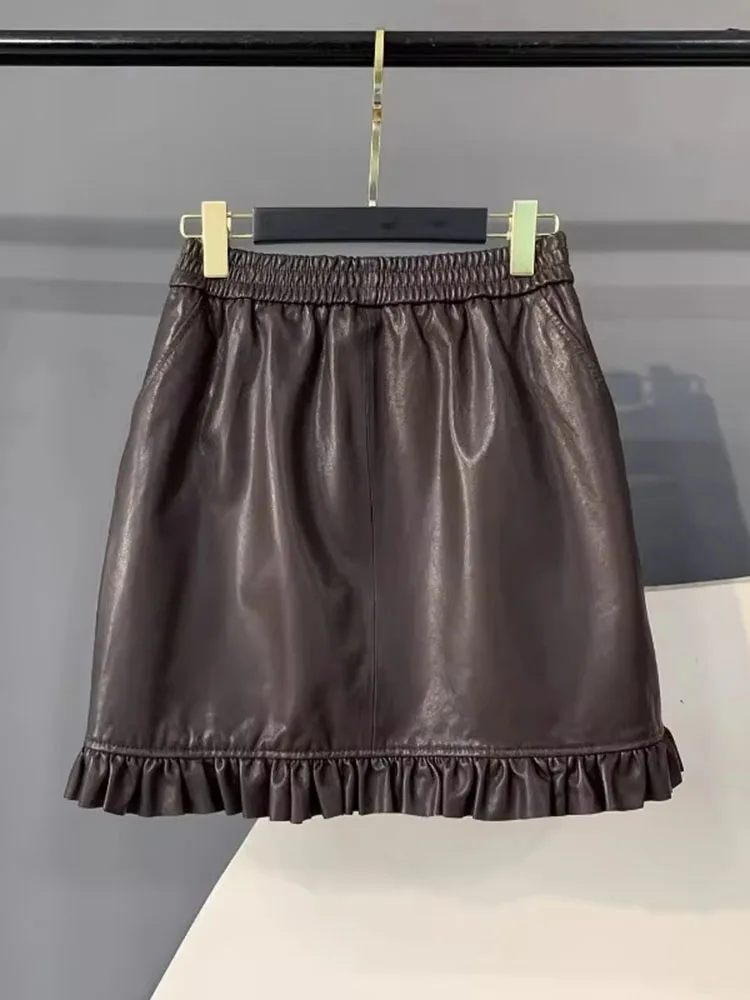Pu Skirts Women Ruffles A-line Autumn Winter Korean Fashion Solid Mini Skirt High Waist Versatile Minimalist Faldas Mujer