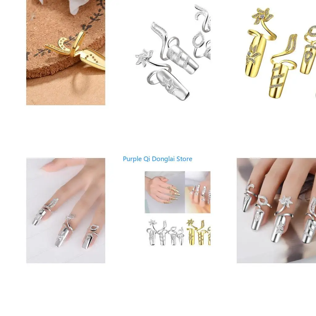 L21E Pack of 4 Elegant Open Adjustable Zircons Rings Rhinestones Fingertip Rings Jewelry Fingernail Protective Covers
