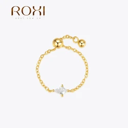 ROXI 925 Sterling Silver Diamond design White Zircon Chain Ring For Women Men 18K Gold Plated Adjustable Finger Ring bague femme