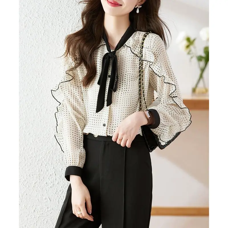 Female Spring Summer Korean Fashion Button Polka Dot O-neck Chiffon Women Shirts Lacing Elegant Fashionable Long Sleeve Top Tee