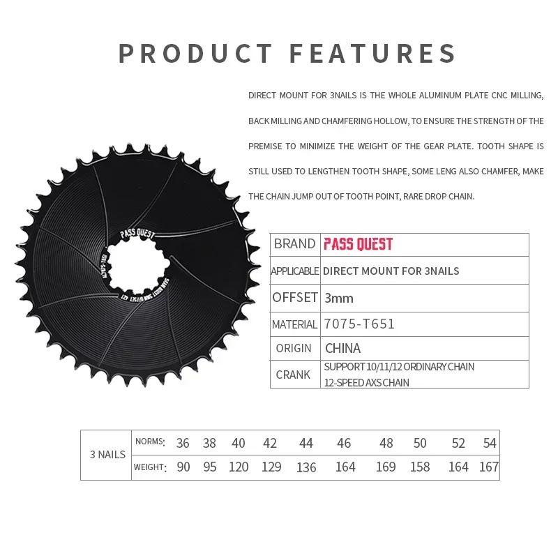 PASS QUEST 3mm Offest AERO Round Narrow Wide Chainring for GX SX Direct Mount Crank Gravel Bike AXS 12 Speed Chain 36-54T