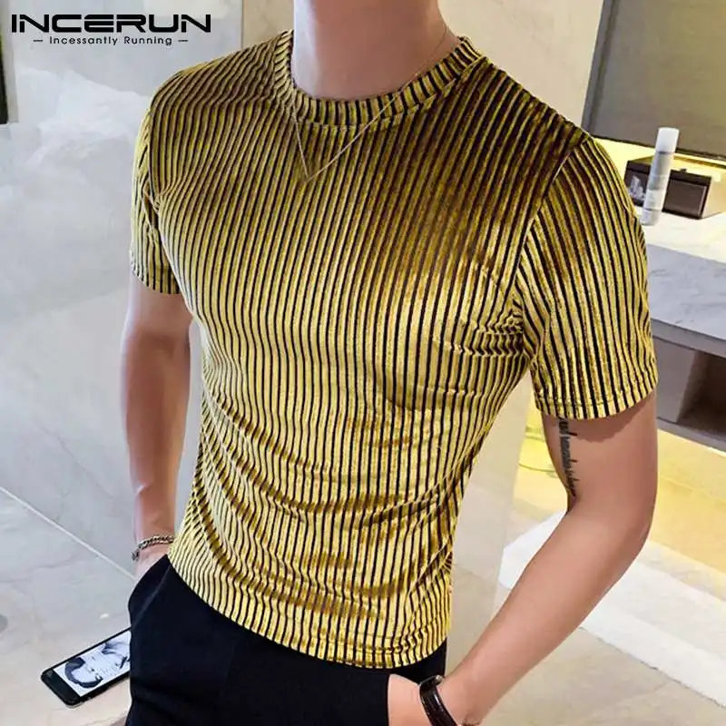 Fashion Casual Style Men\'s Camiseta  Party Shows Tees INCERUN Male Stylish Hot Sale Drawstring Round Neck Stretch T-shirts S-3XL