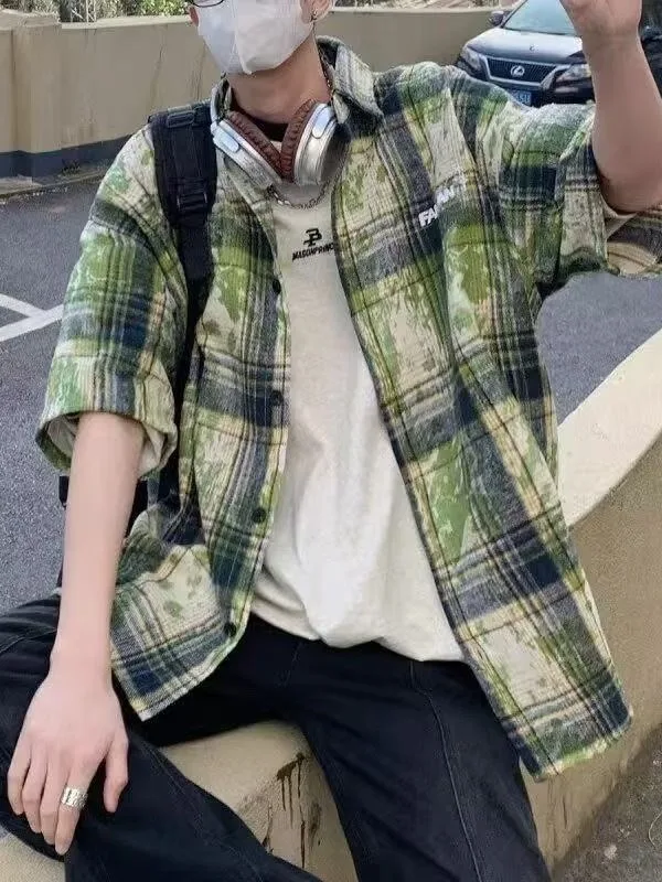 

American Sle Dyed Plaid ort Sve Men's irt Summer New Design Trendy Five Sve Loose Fit Youthful Polyester Fiber