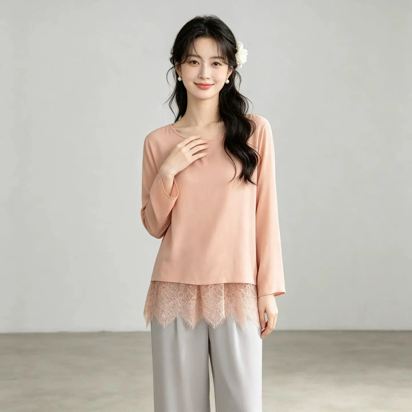 Winsleter-100%Real Silk  Elegant Shirt, O Neck Lace Patchwork, Women French Fake 2 Pieces Loose Blouse, 2026 Autumn New T6O835CC