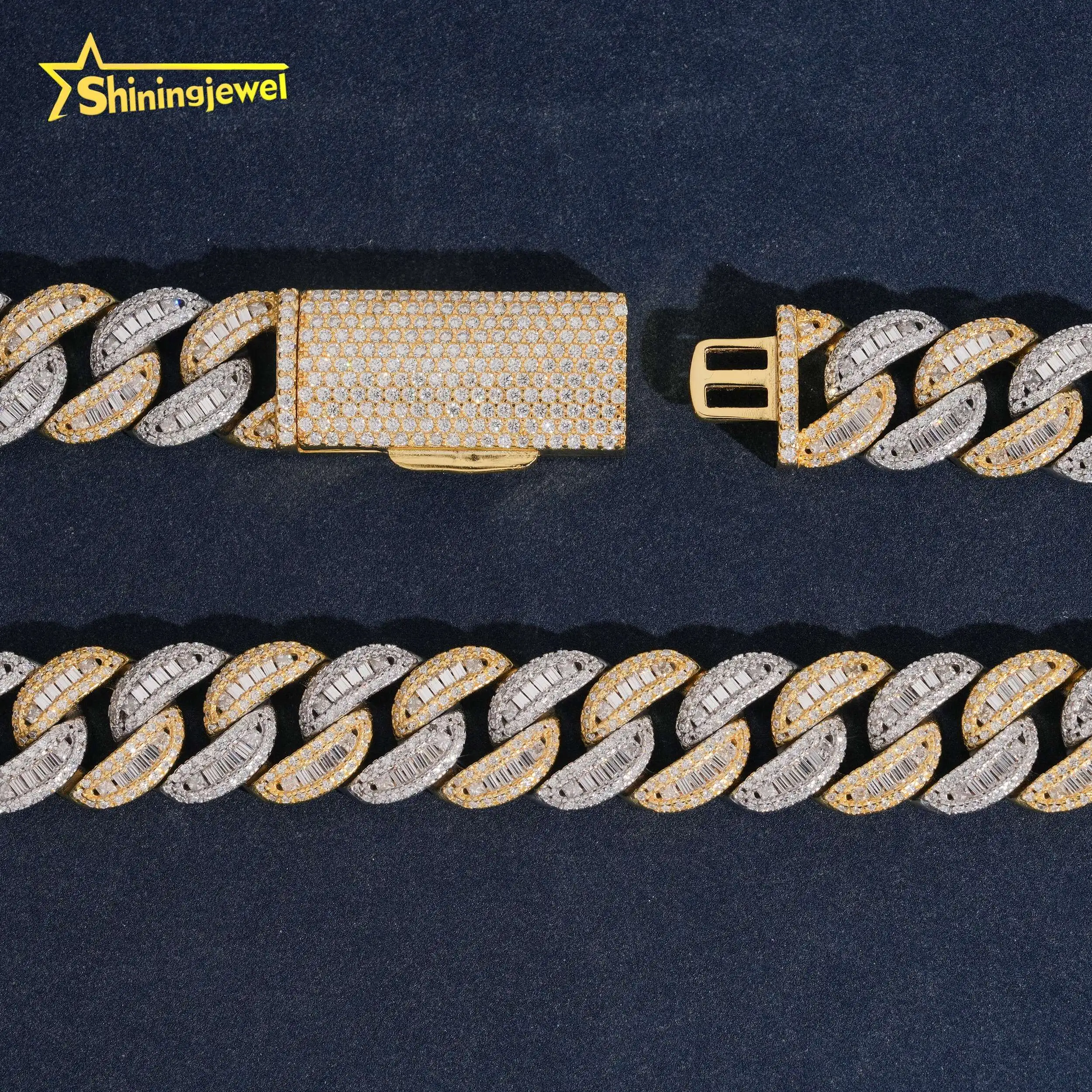 Two Style New Tones Color 15mm Baguette Moissanite Cuban Link Chain Custom Men Hip Hop Iced Out Diamond Silver Chain..