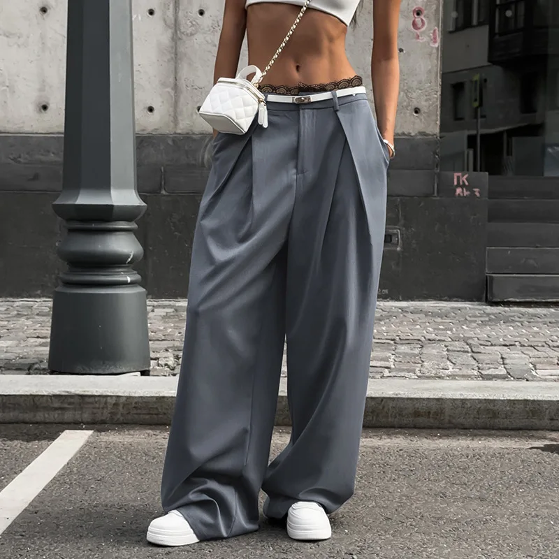 DSMTRC Women's Formal Pants Office Wear Folds Solid Grey Black Pants Female High Waist Baggy Suit Pants Casual Wide Leg Trousers